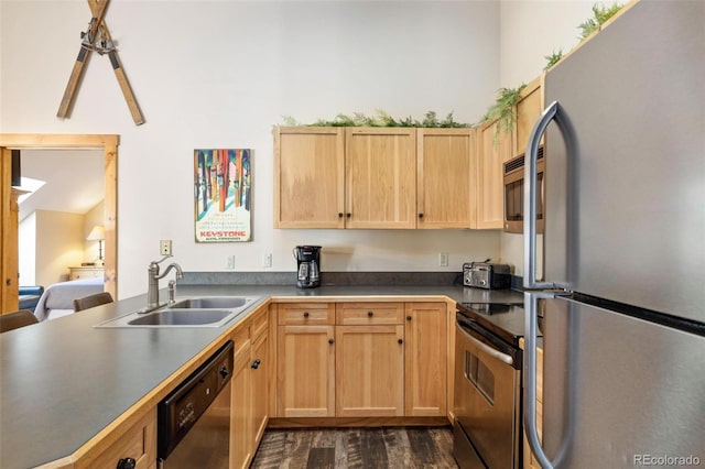 kitchen featuring dark hardwood / wood-style flooring, appliances with stainless steel finishes, sink, and light brown cabinetry