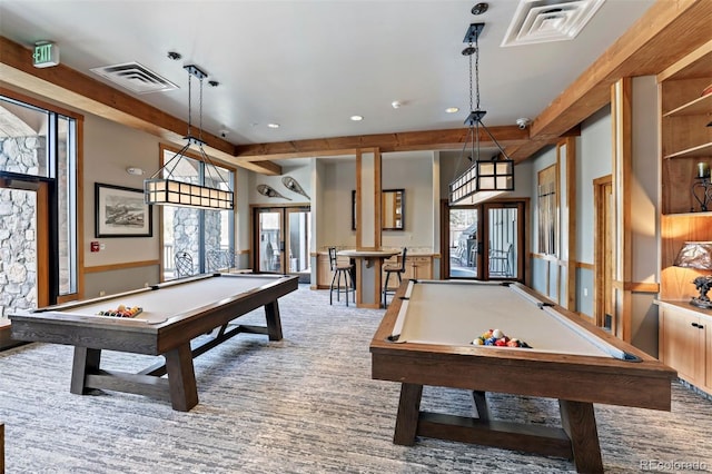 recreation room featuring french doors, billiards, carpet floors, and beamed ceiling