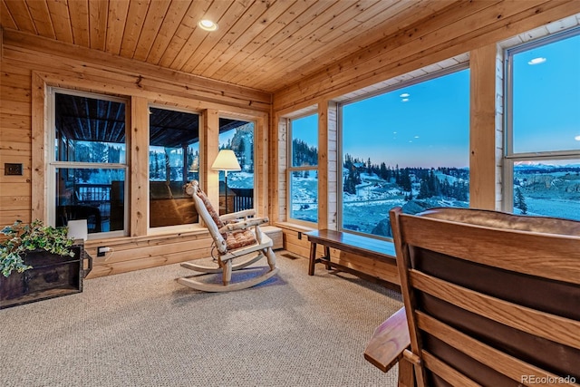 305 Travois Ct, Como, CO 80432 - sunroom / solarium featuring wood walls, carpet flooring, wood ceiling, and recessed lighting