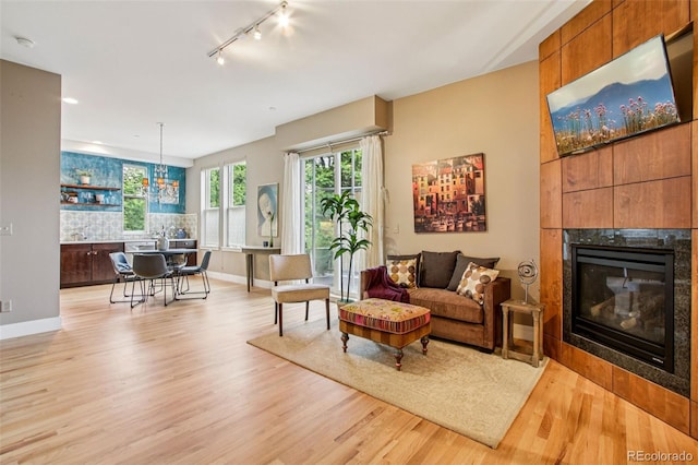 340 S Lafayette St Unit 204, Denver, CO 80209 - living area featuring light wood-type flooring, a fireplace, rail lighting, and a chandelier