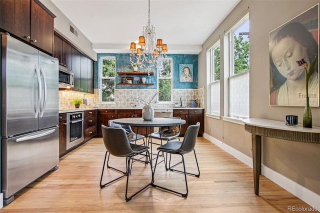 340 S Lafayette St Unit 204, Denver, CO 80209 - kitchen featuring stainless steel appliances, light wood-type flooring, dark brown cabinets, and tasteful backsplash