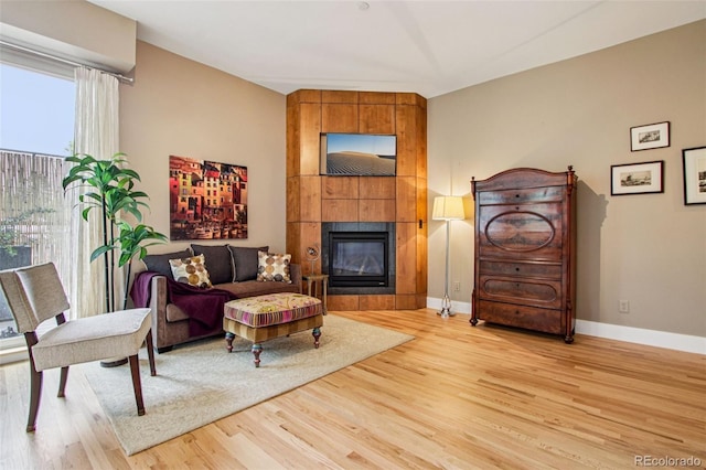 340 S Lafayette St Unit 204, Denver, CO 80209 - living room with wood finished floors and a tile fireplace