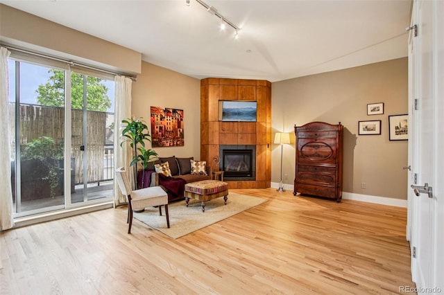340 S Lafayette St Unit 204, Denver, CO 80209 - living room featuring track lighting, light wood-type flooring, and a tile fireplace