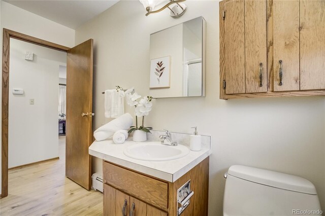9610 Mohawk Trl, Cascade, CO 80809 - bathroom with baseboard heating, wood finished floors, toilet, and vanity