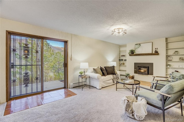9610 Mohawk Trl, Cascade, CO 80809 - carpeted living area with a glass covered fireplace, a textured ceiling, built in shelves, and a baseboard radiator