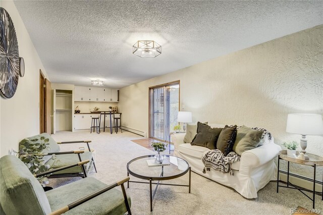 9610 Mohawk Trl, Cascade, CO 80809 - living area featuring light carpet, a textured ceiling, a baseboard heating unit, and a baseboard radiator