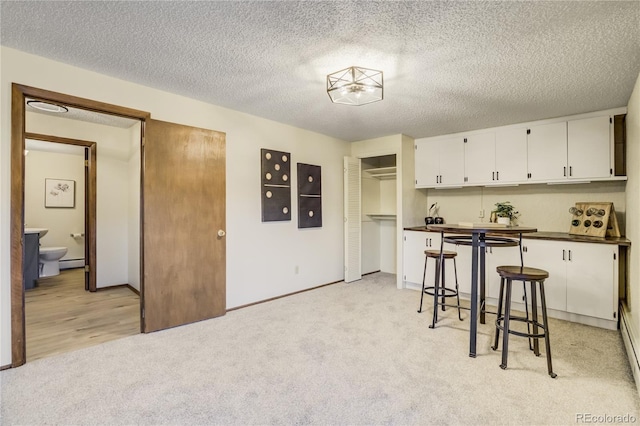 9610 Mohawk Trl, Cascade, CO 80809 - kitchen with light carpet, white cabinets, a textured ceiling, dark countertops, and baseboard heating