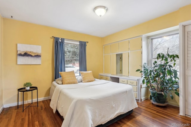 bedroom with multiple windows and dark hardwood / wood-style floors