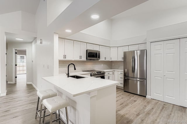 8346 S Upham Way, Littleton, CO 80128 - kitchen featuring stainless steel appliances, light stone counters, a peninsula, light wood-style floors, and recessed lighting