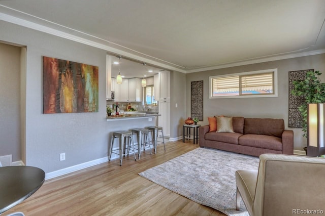 living room with light hardwood / wood-style floors and ornamental molding