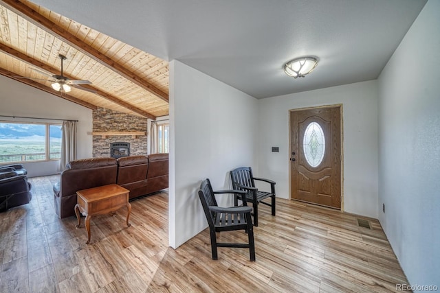 1610 Timber Ridge Rd, Westcliffe, CO 81252 - entryway featuring healthy amount of natural light, light wood-style flooring, ceiling fan, and wood ceiling