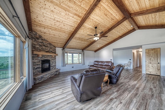 1610 Timber Ridge Rd, Westcliffe, CO 81252 - living room featuring wood finished floors, ceiling fan, a wood ceiling with exposed beams, high vaulted ceiling, and a fireplace