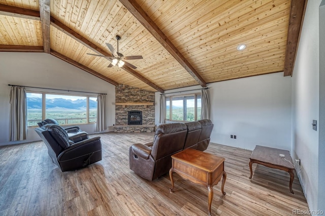 1610 Timber Ridge Rd, Westcliffe, CO 81252 - living area with a wooden ceiling with exposed beams, wood-type flooring, a ceiling fan, a stone fireplace, and high vaulted ceiling
