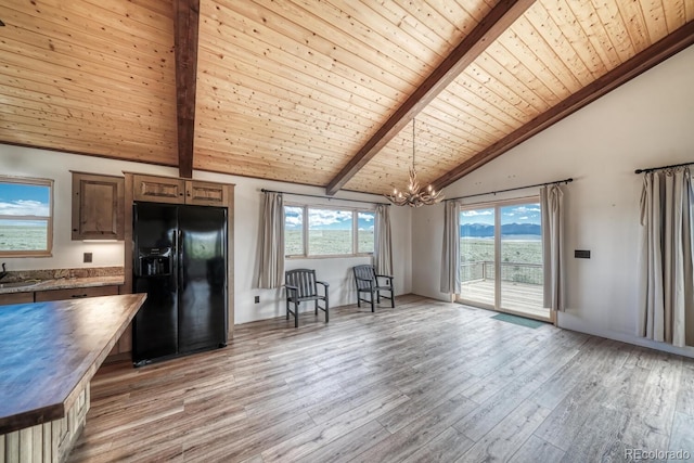 1610 Timber Ridge Rd, Westcliffe, CO 81252 - kitchen with black refrigerator with ice dispenser, wooden counters, a wood ceiling with exposed beams, high vaulted ceiling, and light wood-type flooring