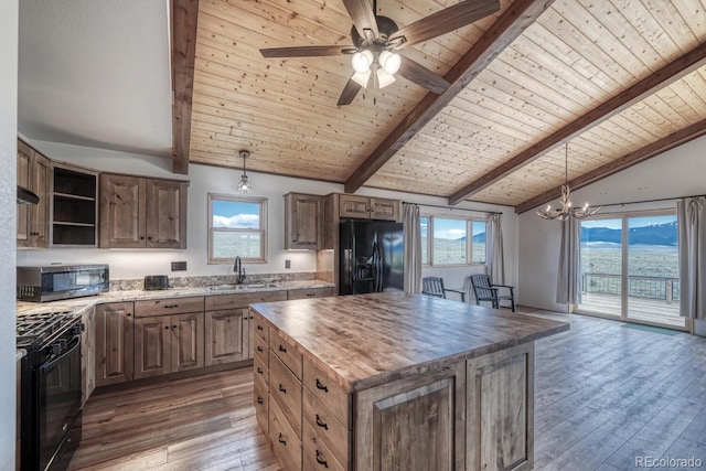 1610 Timber Ridge Rd, Westcliffe, CO 81252 - kitchen featuring black appliances, wood counters, wooden ceiling, hardwood / wood-style floors, and plenty of natural light