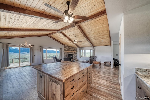 1610 Timber Ridge Rd, Westcliffe, CO 81252 - kitchen with open floor plan, a ceiling fan, wood ceiling, wooden counters, and light wood-style floors