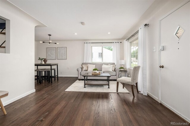 6390 W 45th Ave, Wheat Ridge, CO 80033 - living area with dark wood-style floors, a chandelier, and recessed lighting