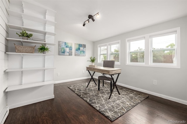 6390 W 45th Ave, Wheat Ridge, CO 80033 - home office with vaulted ceiling, dark wood-style flooring, and a baseboard radiator