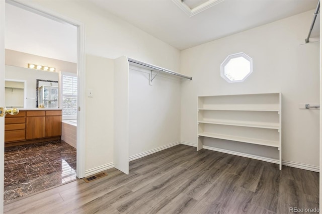 spacious closet with dark hardwood / wood-style floors