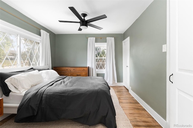 bedroom featuring light hardwood / wood-style floors, multiple windows, and ceiling fan