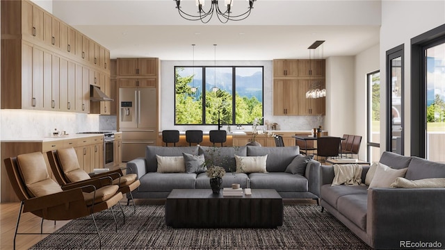 living room with a chandelier and hardwood / wood-style floors