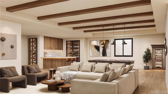 living room featuring bar area, light hardwood / wood-style flooring, and beam ceiling