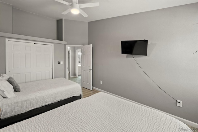 2970 Leoti Dr, Colorado Springs, CO 80922 - bedroom with light wood finished floors, baseboards, a closet, and ceiling fan