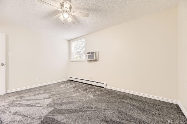 2160 S Vaughn Way Unit 104C, Aurora, CO 80014 - empty room with ceiling fan, a wall mounted air conditioner, a textured ceiling, carpet, and a baseboard heating unit