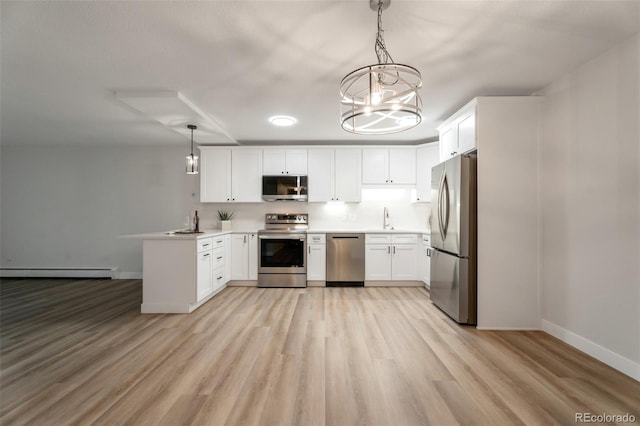 625 S Alton Way Unit 3A, Denver, CO 80247 - kitchen with stainless steel appliances, baseboard heating, a peninsula, a chandelier, and white cabinetry