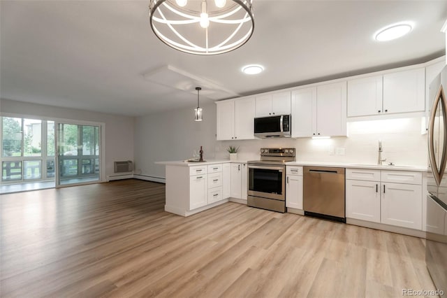 625 S Alton Way Unit 3A, Denver, CO 80247 - kitchen featuring stainless steel appliances, a peninsula, light wood-type flooring, and white cabinets