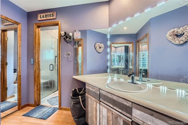 5362 S Danube Ct, Centennial, CO 80015 - bathroom with wood finished floors, vanity, and a shower stall