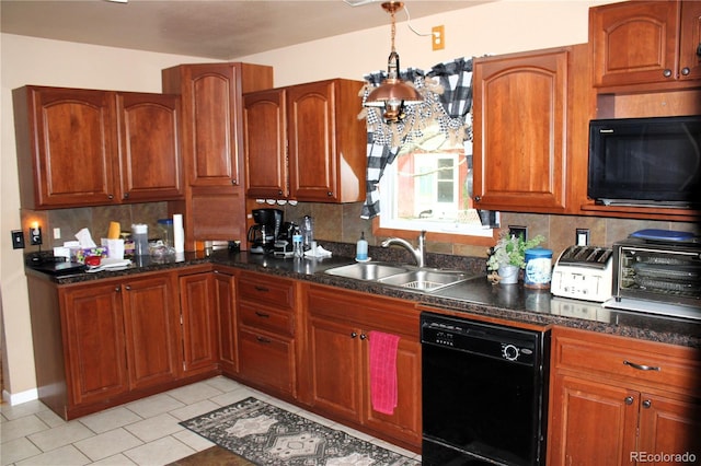 kitchen featuring backsplash, sink, light tile flooring, and black appliances