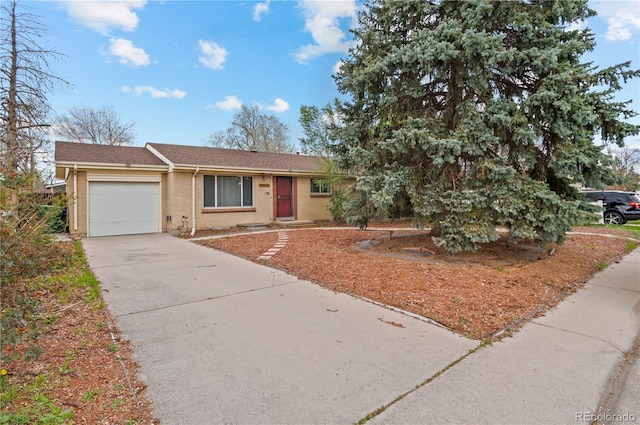 single story home with concrete driveway, brick siding, an attached garage, and a shingled roof