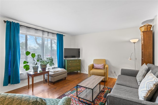living area featuring baseboards and wood finished floors