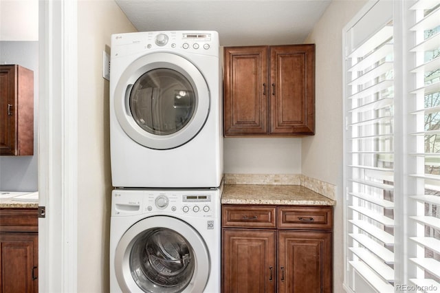 laundry area featuring cabinet space and stacked washer and dryer