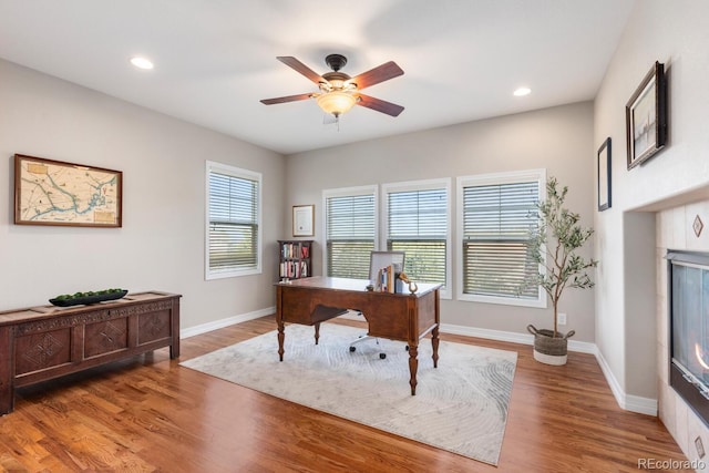 1519 Stonehill Ct, Castle Rock, CO 80104 - office with a ceiling fan, wood finished floors, baseboards, and recessed lighting