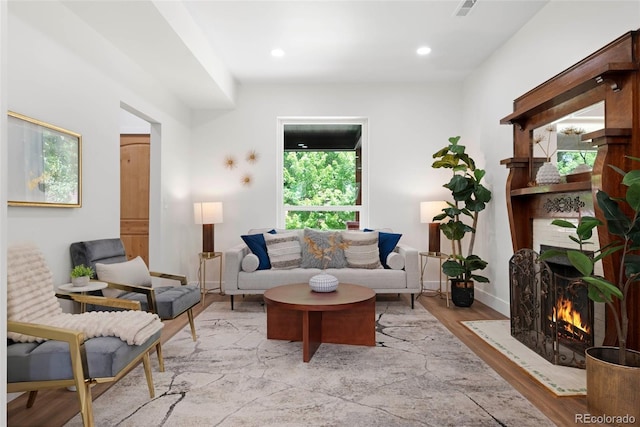 2849 N Vine St, Denver, CO 80205 - living room with a large fireplace, light wood finished floors, and recessed lighting