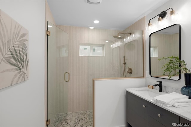 2849 N Vine St, Denver, CO 80205 - full bath with a stall shower, vanity, and recessed lighting