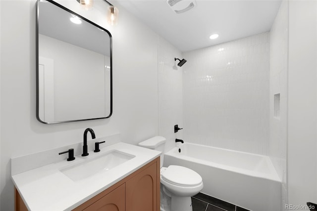 2849 N Vine St, Denver, CO 80205 - bathroom featuring vanity, shower / bathtub combination, tile patterned flooring, and recessed lighting