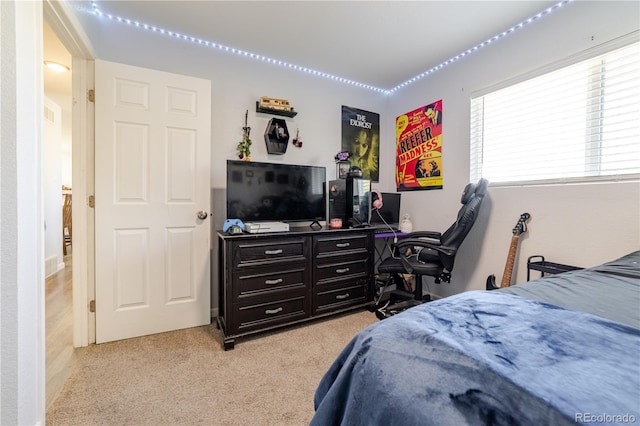 bedroom with light carpet