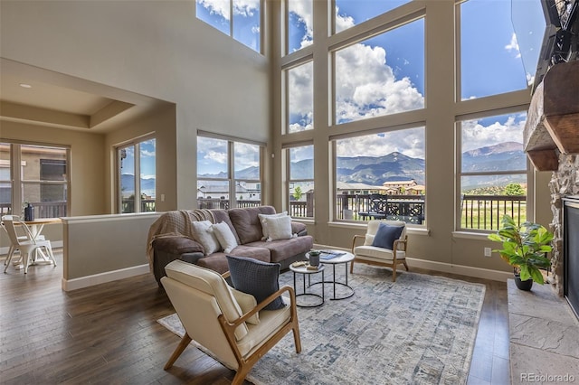 3012 Cathedral Park Vw, Colorado Springs, CO 80904 - living area featuring hardwood / wood-style flooring, a mountain view, a fireplace, and a towering ceiling