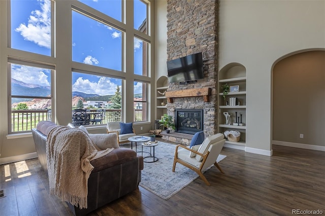 3012 Cathedral Park Vw, Colorado Springs, CO 80904 - living room featuring a high ceiling, dark wood-style floors, a stone fireplace, built in features, and arched walkways