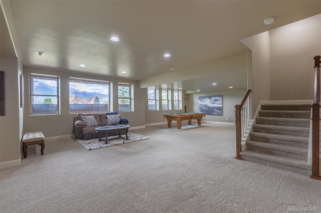 3012 Cathedral Park Vw, Colorado Springs, CO 80904 - living room with billiards table, light carpet, stairway, and recessed lighting