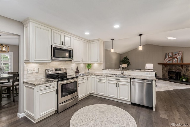 7719 S Jackson Cir, Centennial, CO 80122 - kitchen featuring stainless steel appliances, a peninsula, vaulted ceiling, backsplash, and dark wood-type flooring