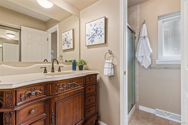 7719 S Jackson Cir, Centennial, CO 80122 - bathroom featuring a stall shower, vanity, and tile patterned floors