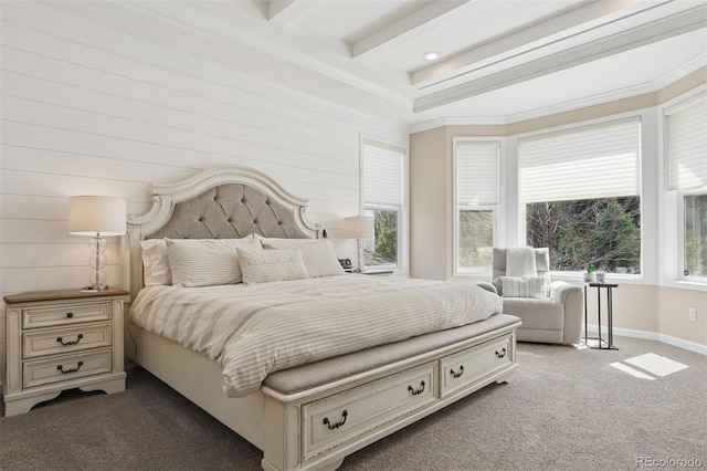 8528 Winter Berry Dr, Castle Pines, CO 80108 - bedroom featuring baseboards, carpet flooring, and beamed ceiling