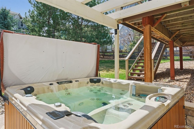 8528 Winter Berry Dr, Castle Pines, CO 80108 - view of patio featuring stairway and a hot tub