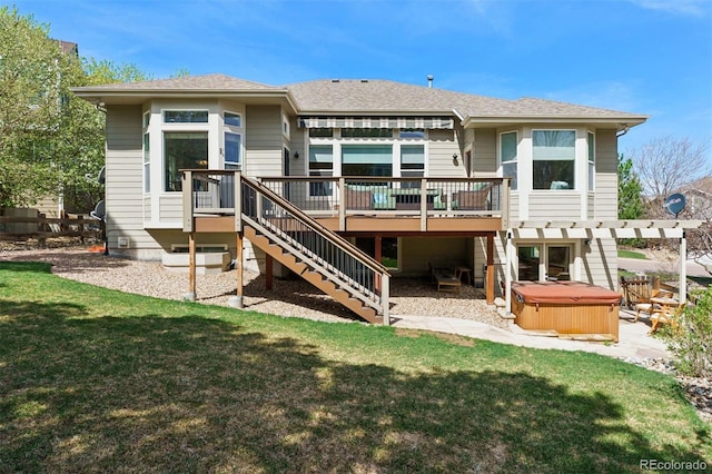 8528 Winter Berry Dr, Castle Pines, CO 80108 - rear view of property featuring a lawn, a wooden deck, stairs, and a hot tub