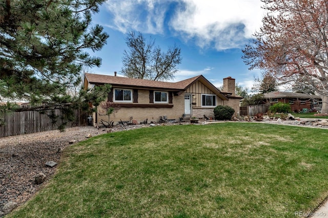 single story home with a chimney, board and batten siding, and brick siding
