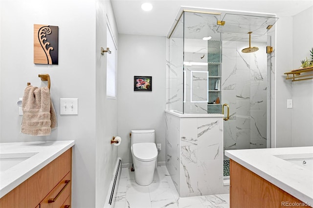 12256 W 34th Pl, Wheat Ridge, CO 80033 - bathroom with vanity, baseboard heating, a marble finish shower, toilet, and marble finish flooring